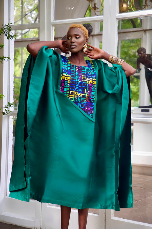 Green Satin and African Print Dress Boubou