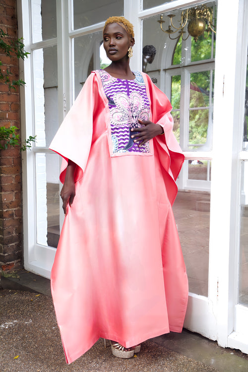 Pink satin and African print dress boubou