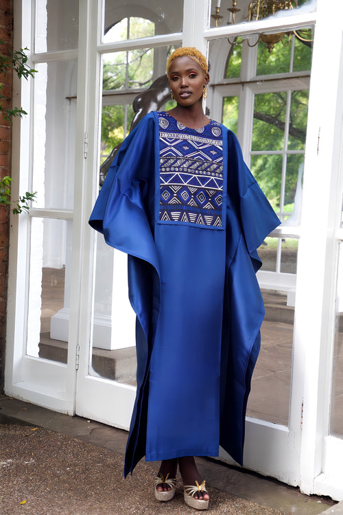 Blue Satin and African Print Dress Boubou